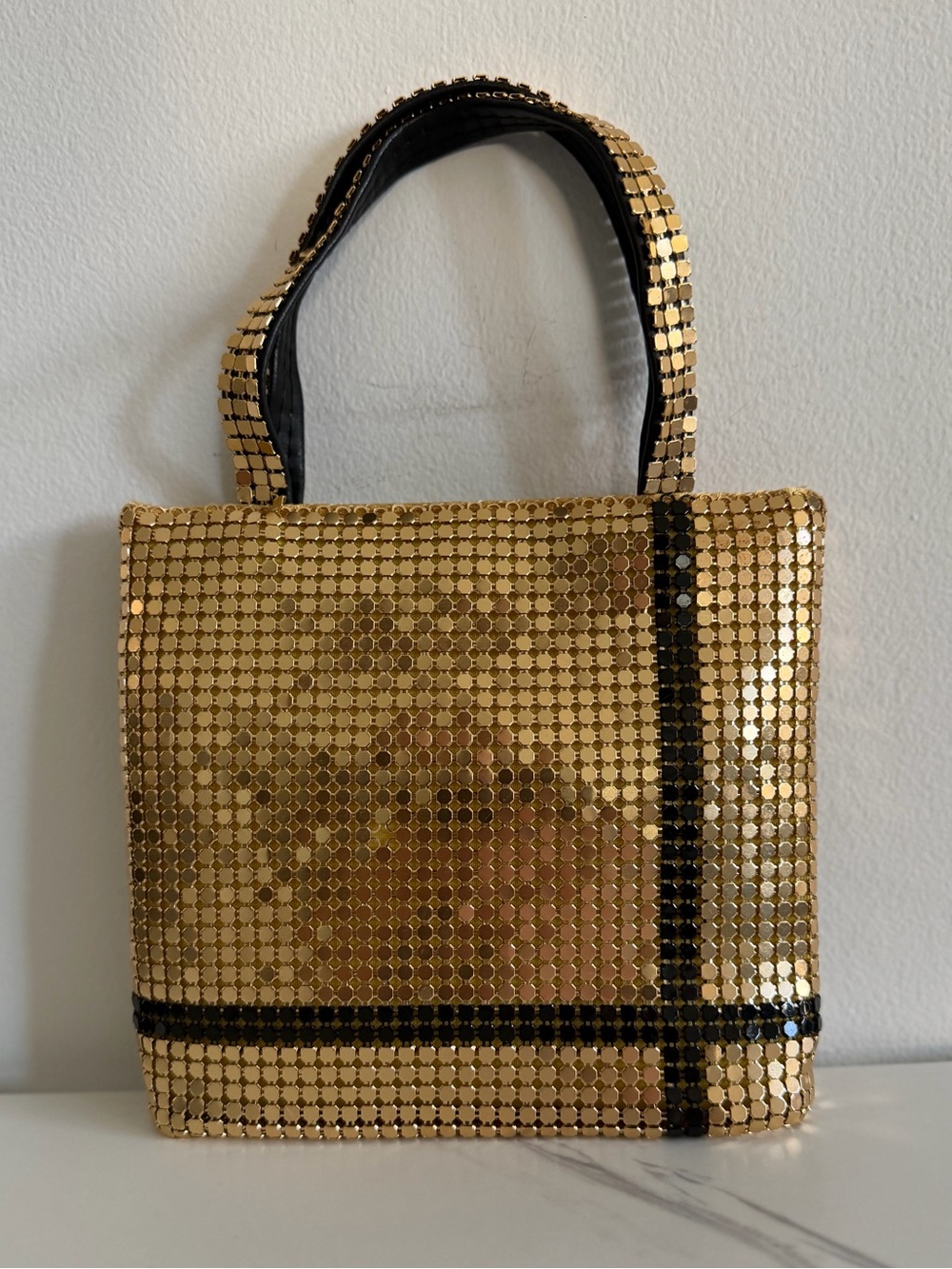 Vintage Gold Chainmail Mini Tote with Black Stripe